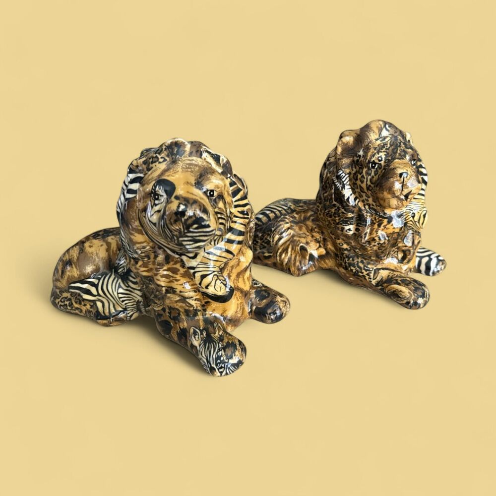 Pair La Vie Safari Collection Lion Figurines – Patchwork Animal Print – 1980s